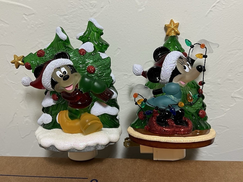 Pair of 2 Mickey & Minnie Mouse Acrylic Christmas Night Lights with Bulb Working