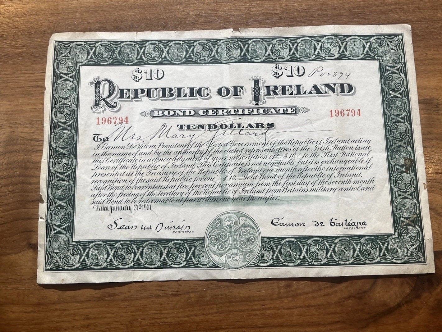 Republic Of Ireland 1920 $10 Bond