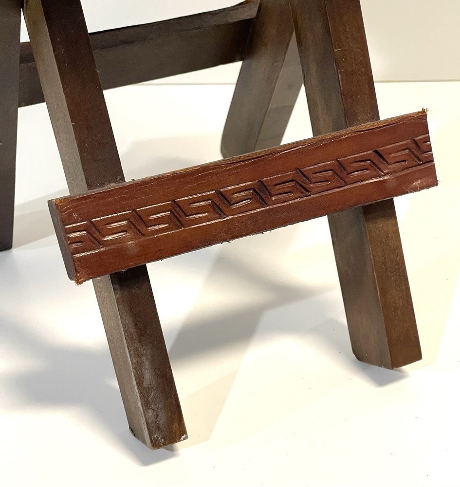 Vintage Small Handmade X Base Folding Table With Tooled Leather Top