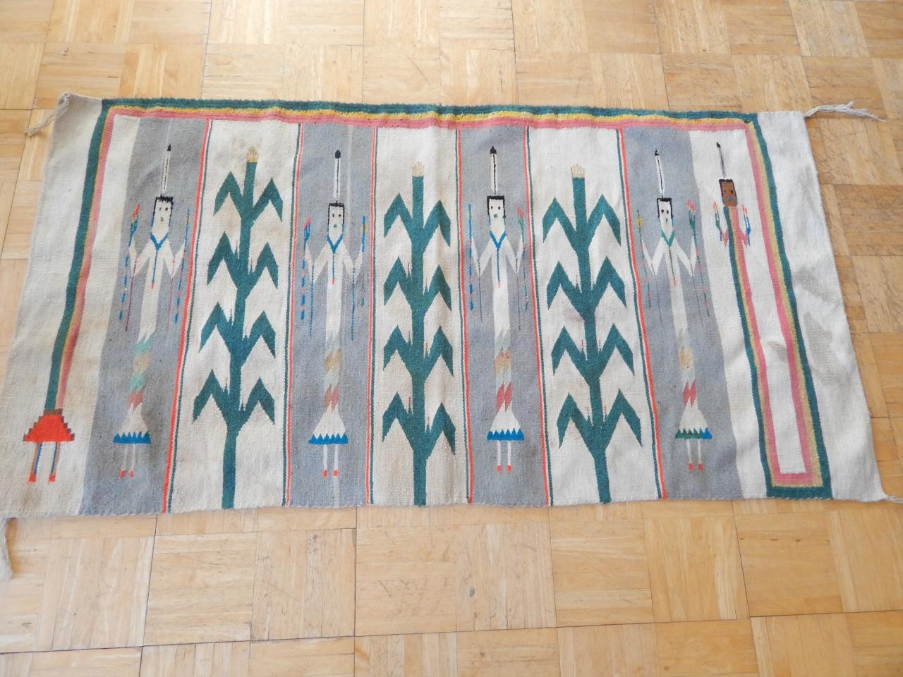 30.5 X 57" VINTAGE NAVAJO INDIAN SHIPROCK CORN YEI PICTORIAL RUG / WEAVING