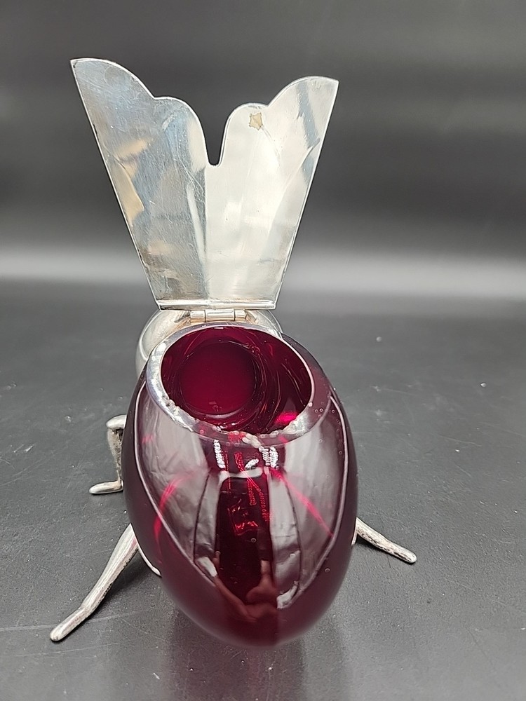 VINTAGE SILVERPLATE RUBY RED GLASS FIGURAL BEE HONEY POT BY IRONGATE PRODUCTS