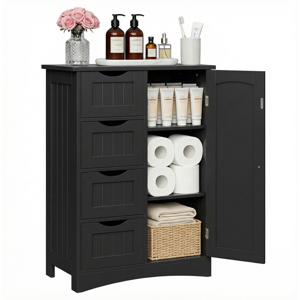 Bathroom Storage Cabinet Freestanding Floor Storage Cupboard Adjustable Black