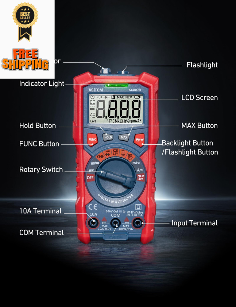 AstroAI Multimeter Tester, TRMS 4000 Counts Volt Meter Multicolored-Test Kit