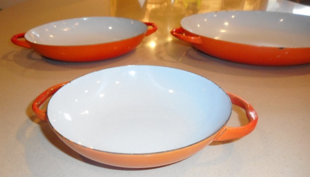 Sauté Pans Orange & White Enamel Set 3 Nesting