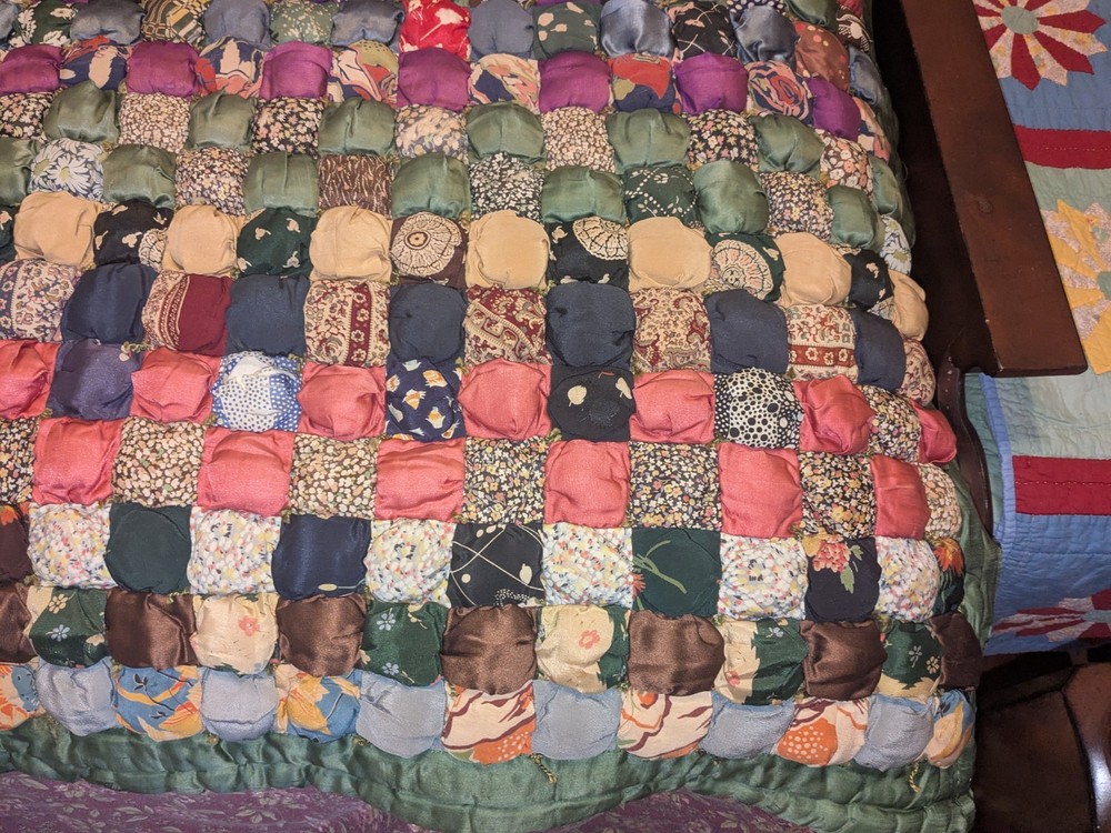 Unique Antique Puff Biscuit Patchwork Fabric Quilt ~ Green Back