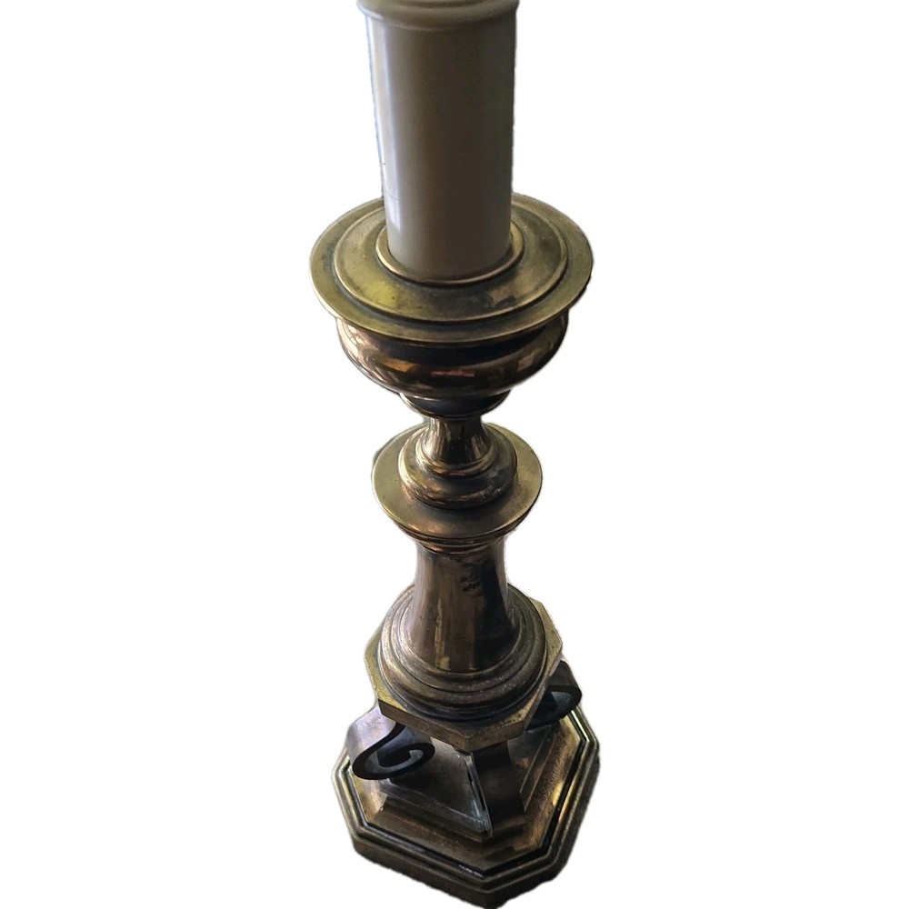 Vintage MCM STIFFEL BRASS TABLE LAMP SOLID SWITCH BASE CURVES 30" HEAVY, WORKS