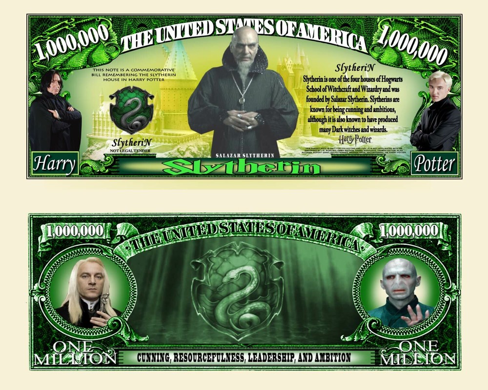 Hogwarts House Slytherin Million Dollar Bill Funny Money Note + FREE SLEEVE
