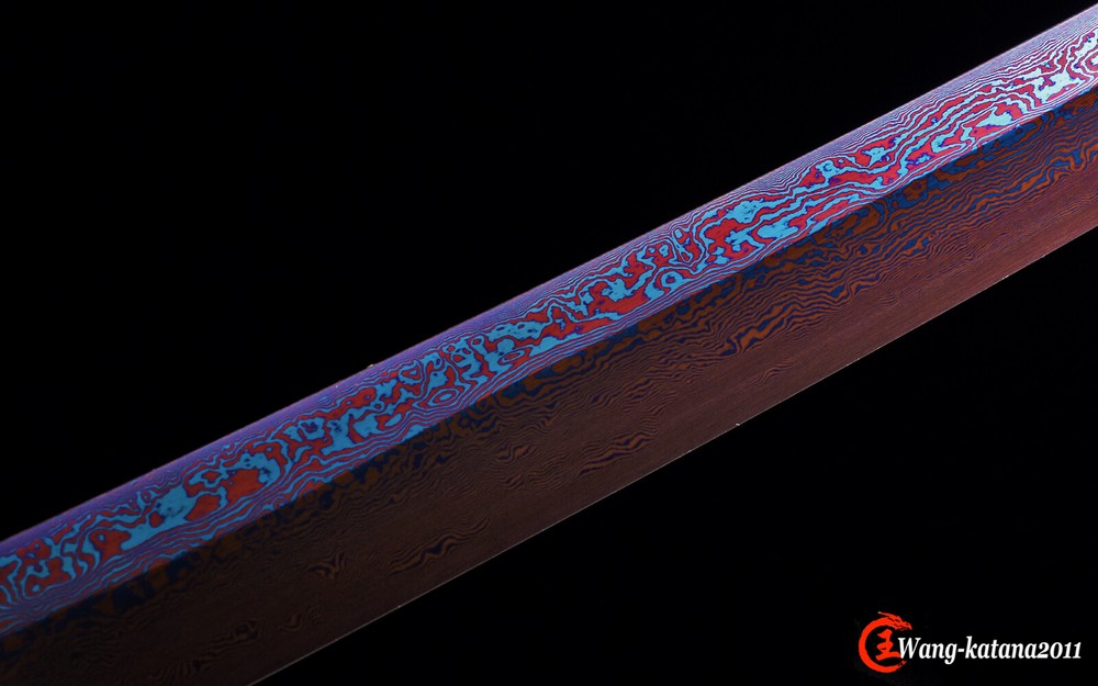 Red&Blue Damascus Folded Steel Katana Japanese Samurai Sharp Functional Sword