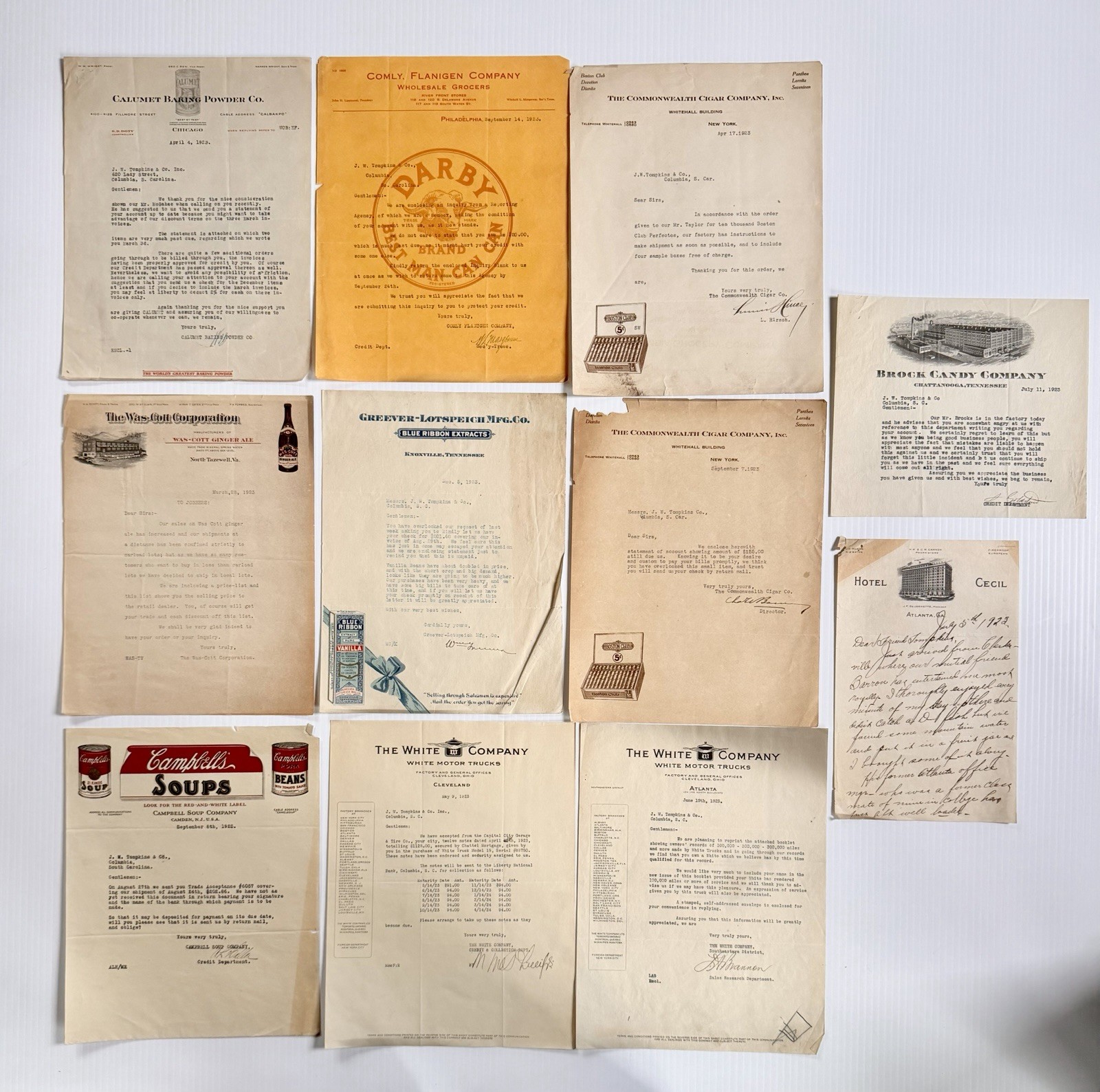 Lot 11 Antique 1923 Letterheads, Campbells, Calumet, White Trucks, Cigar, Hotel