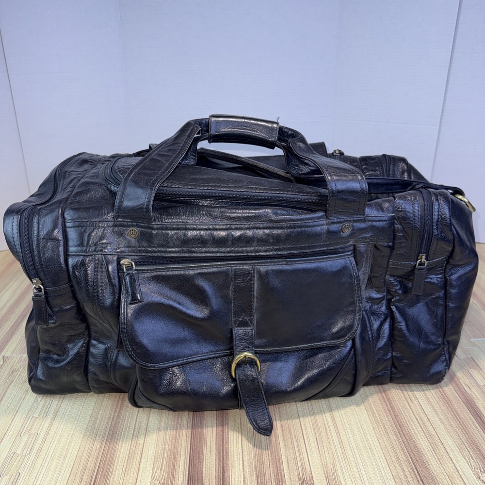 Hidedesign Leather Duffel Bag Black Weekender Shoulder Strap Compartments India