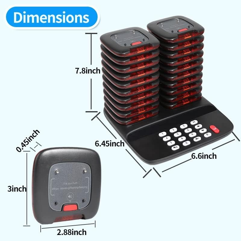 Restaurant Pager System Wireless Calling with 20 Pagers Buzzer, Vibration Flash
