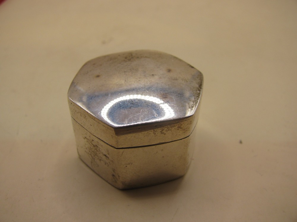 Vintage Hexagonal White Metal Pill Box - Has Mexican Silver Makers Marks