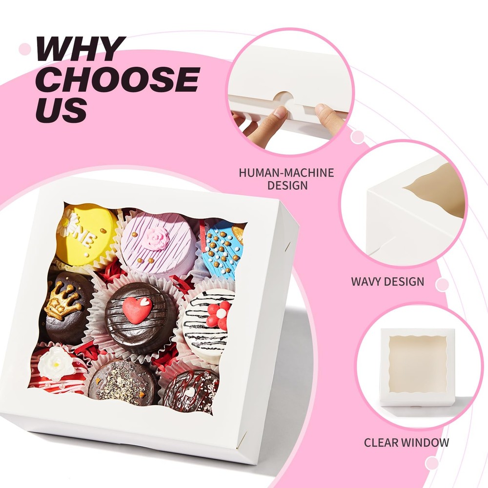 55 Pack 6"x6"x2.5" White Bakery Boxes with Window Cookie Boxes Small Cake Box...