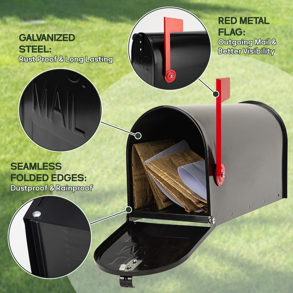 RAINHOL Black Metal Mailboxes for Outside Post Mount, Standard,