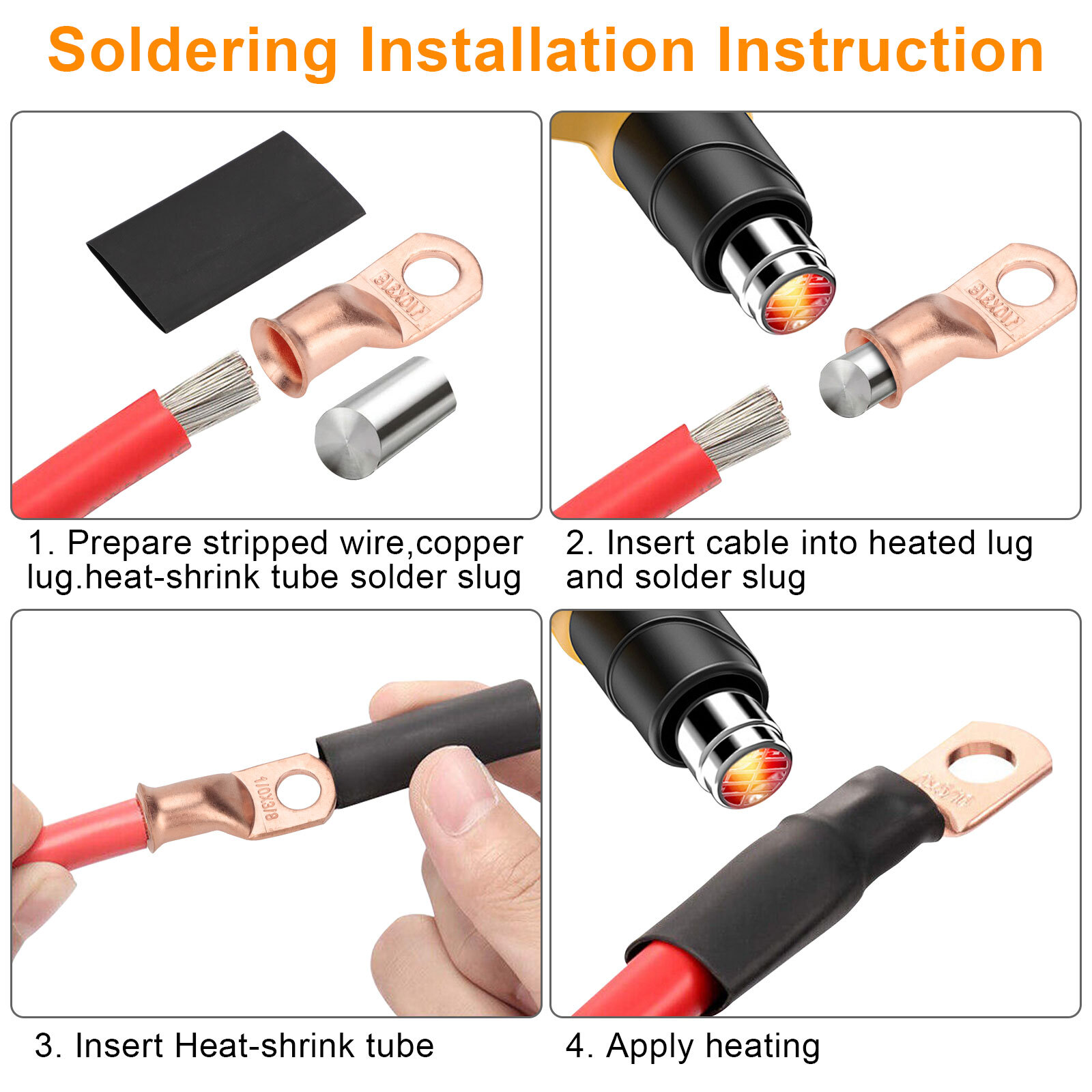 40 pcs 1/0 AWG Gauge Copper Lugs w/RED & BLACK Heat Shrink Ring Terminals Set US