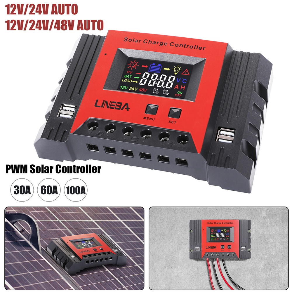 30A/60A/100A PWM Solar Panel Battery Regulator Charge Controller USB 12/24V/48V