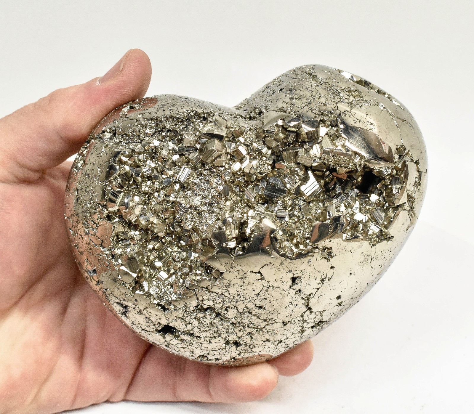 4.60" Polished PYRITE CRYSTAL HEART Carving Huanzala mine, Peru T708