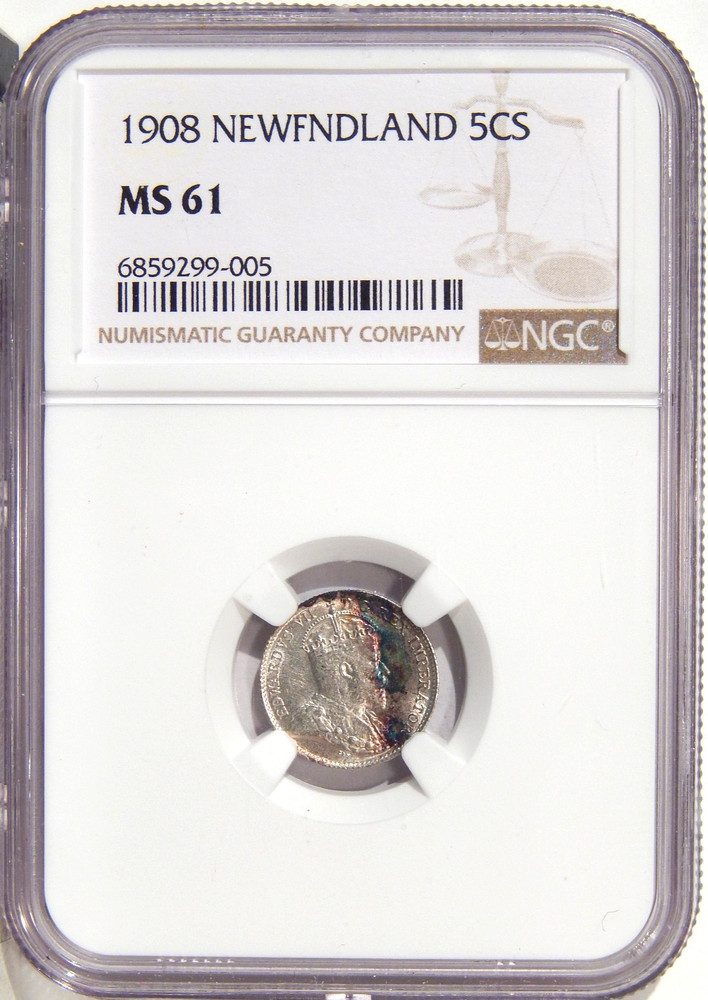 1908 NEWFOUNDLAND 10c NGC MS 61 ~ ATTRACTIVE SILVER FIVE CENTS
