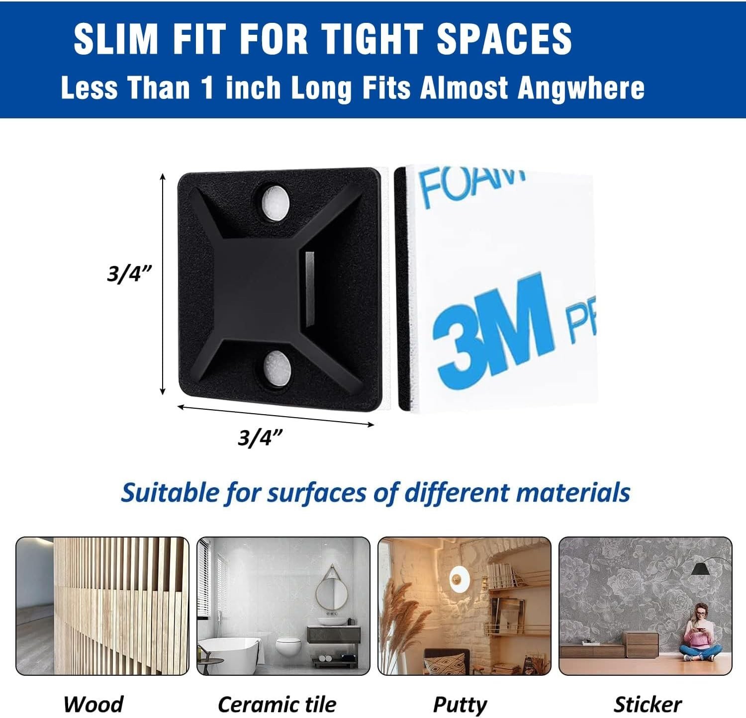 50 Sets Cable Zip Tie Mounts Kit With Self Adhesive 3/4" Wire Holder Squares Bla