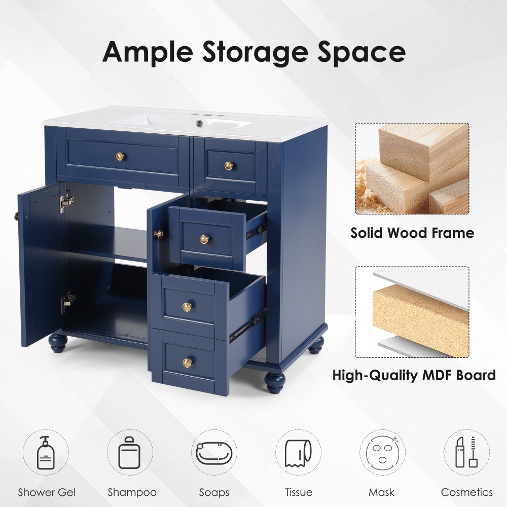 36" Blue Bathroom Vanity with Ceramic Sink, Soft-Close Drawers, Solid Wood Frame