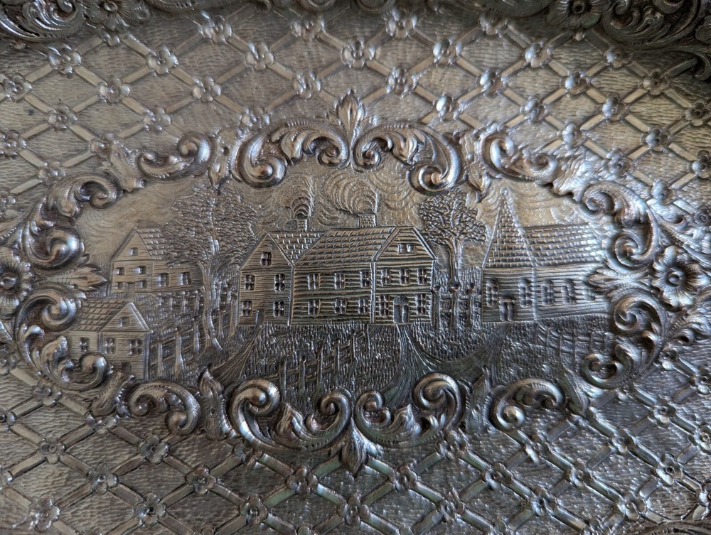 Vintage Silver Plate REPOUSSE Colonial Scene OVAL TRAY Design 7" X 13"