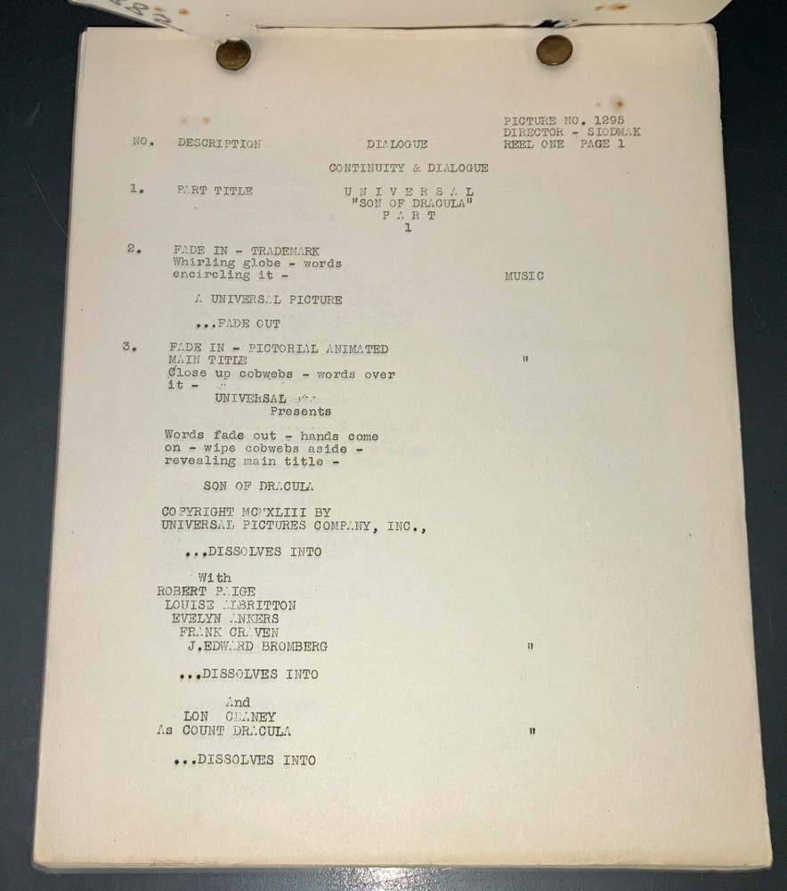 SON OF DRACULA (3/5/43) Rare Universal File Continuity Script + Trailer Script!!