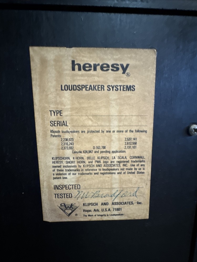 Klipsch Heresy I Vintage Speaker Single Unit Tested Working Read