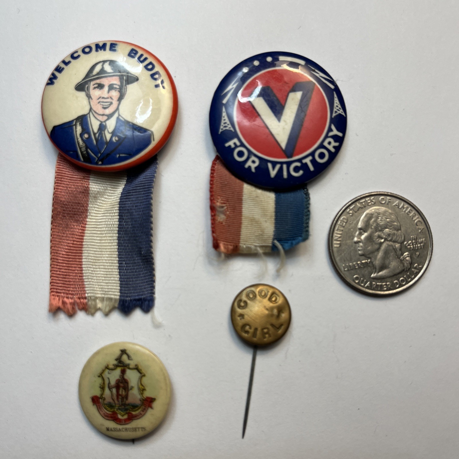 Lot of 4 Original WWI US WELCOME BUDDY V Victory Good Girl Mass MA Button Pin