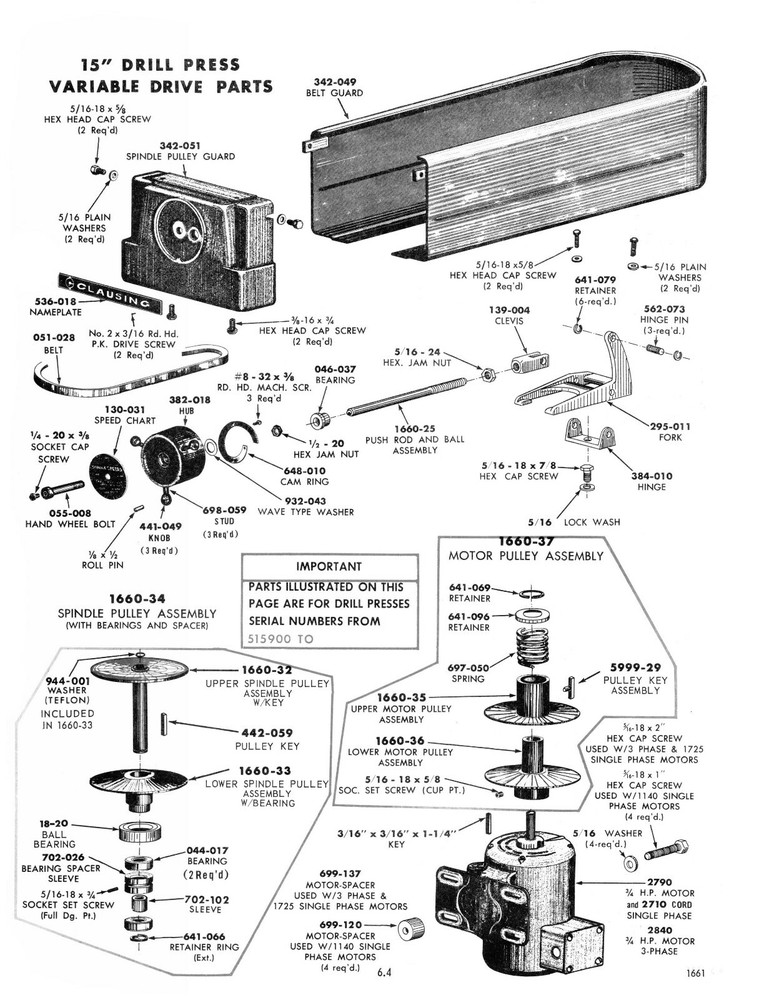 Clausing 15" Drill Press Variable Speed Model Instruction & Parts Manual #1293