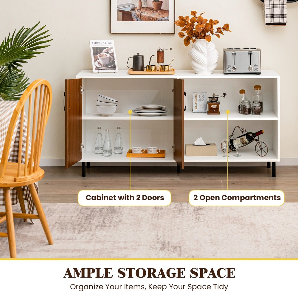 Modern Sideboard Cabinet w/ Spacious Tabletop & Multiple Shelves Walnut White