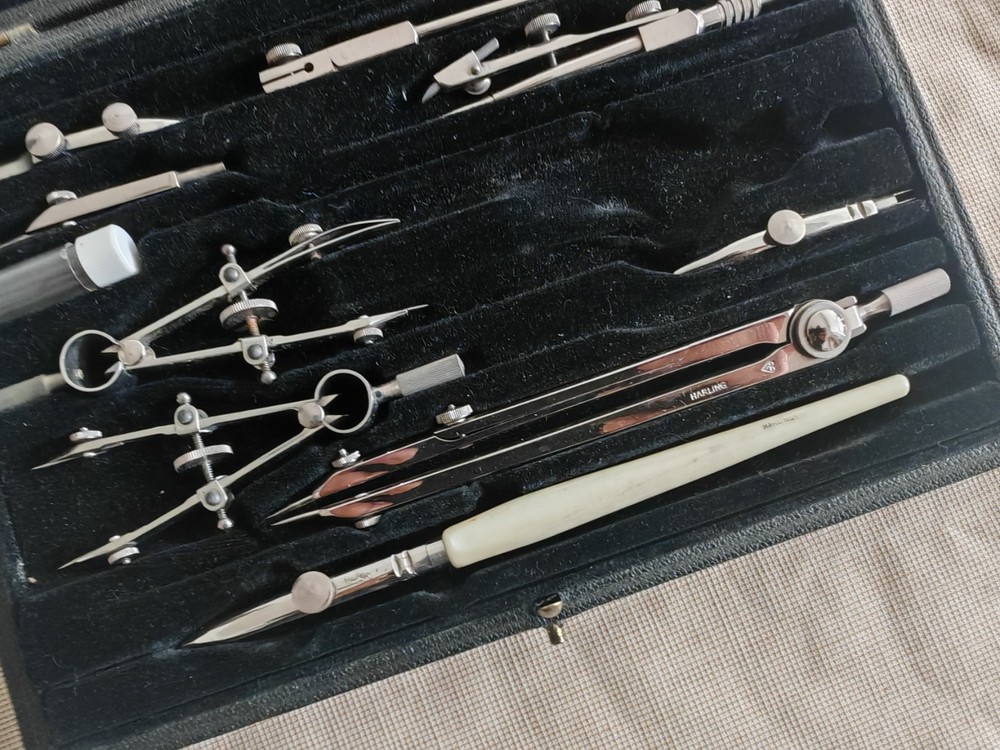 Vintage Harling London Technical Drawing Instrument Set Drafting Compass & Tool