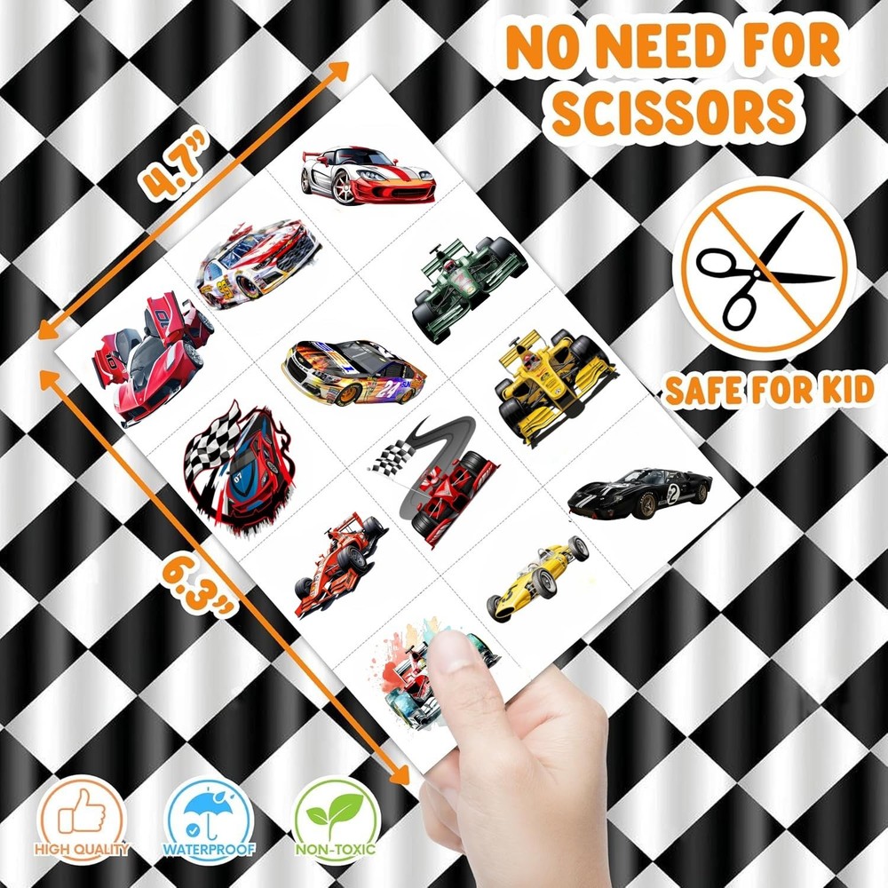108 PCS Racing Car Pre-Cut Temporary Tattoos | Super Cute Medium, Multiple