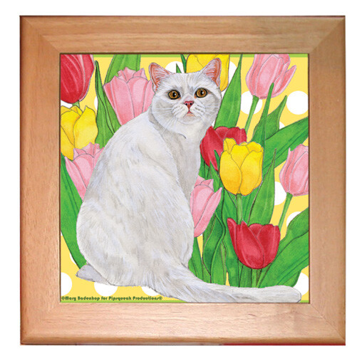 White Cat Kitchen Ceramic Trivet Framed in Pine 8" x 8"