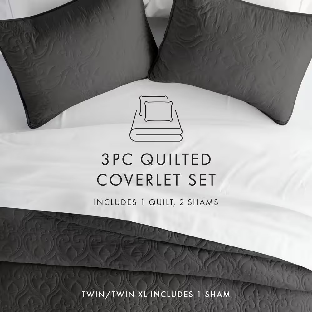 Damask Gray Microfiber Twin Performance Quilted Coverlet Set