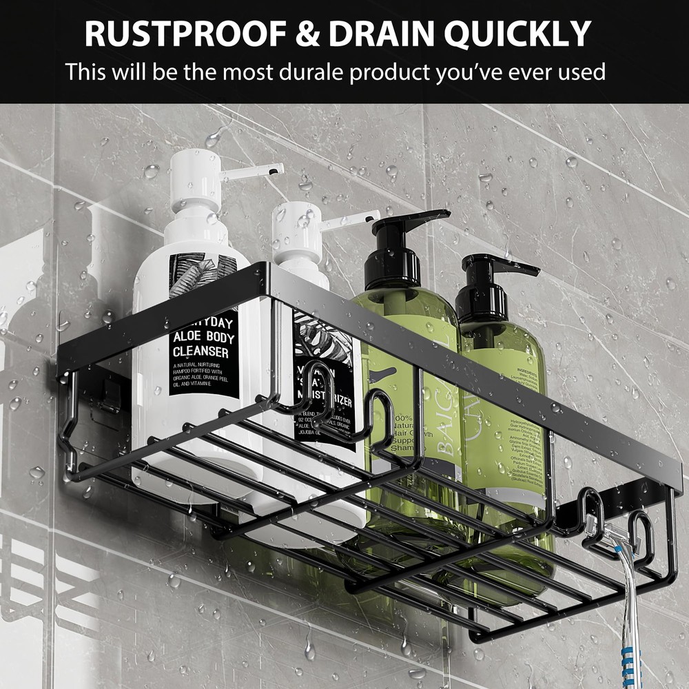 Moforoco Shower Caddy Shelf Organizer Rack, Self Adhesive Black Medium,