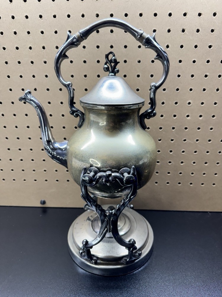 Victorian Silverplate Tilting Tea Pot Kettle With Stand Silver On Copper Hinge