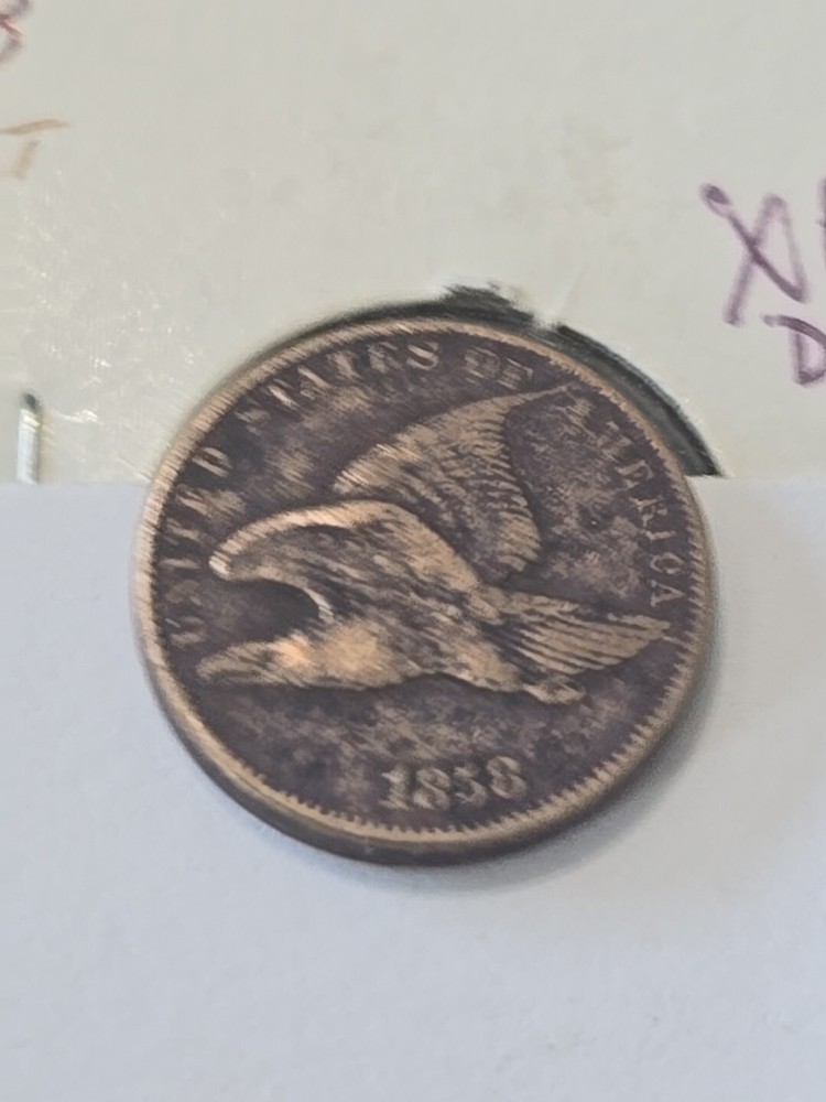 1858 Flying Eagle Penny Cent SL XF Dark Cleaned Fully Split Tail Feathers