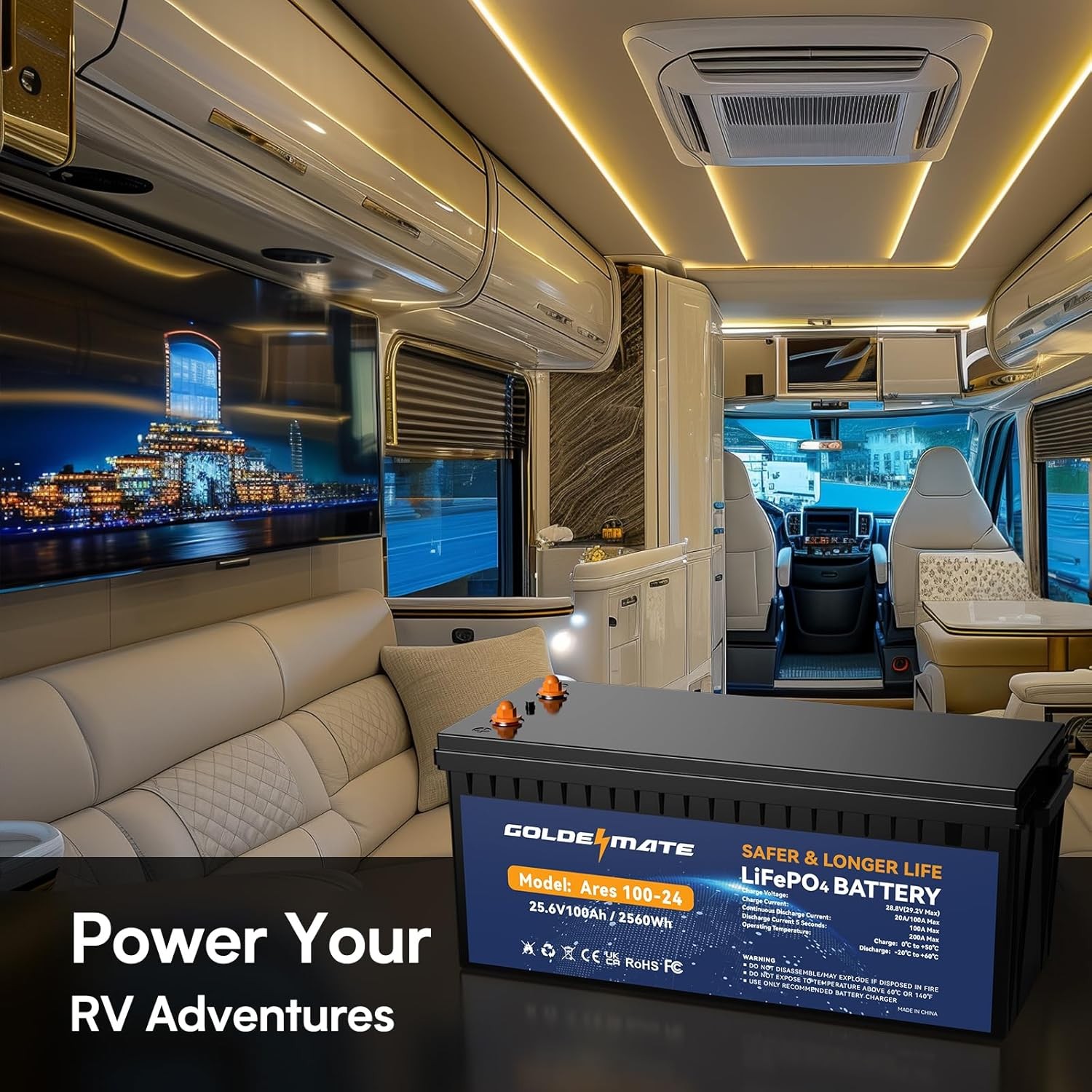 Goldenmate 24V 100Ah LiFePO4 Deep Cycle Battery with Smart BMS for Solar RV Home