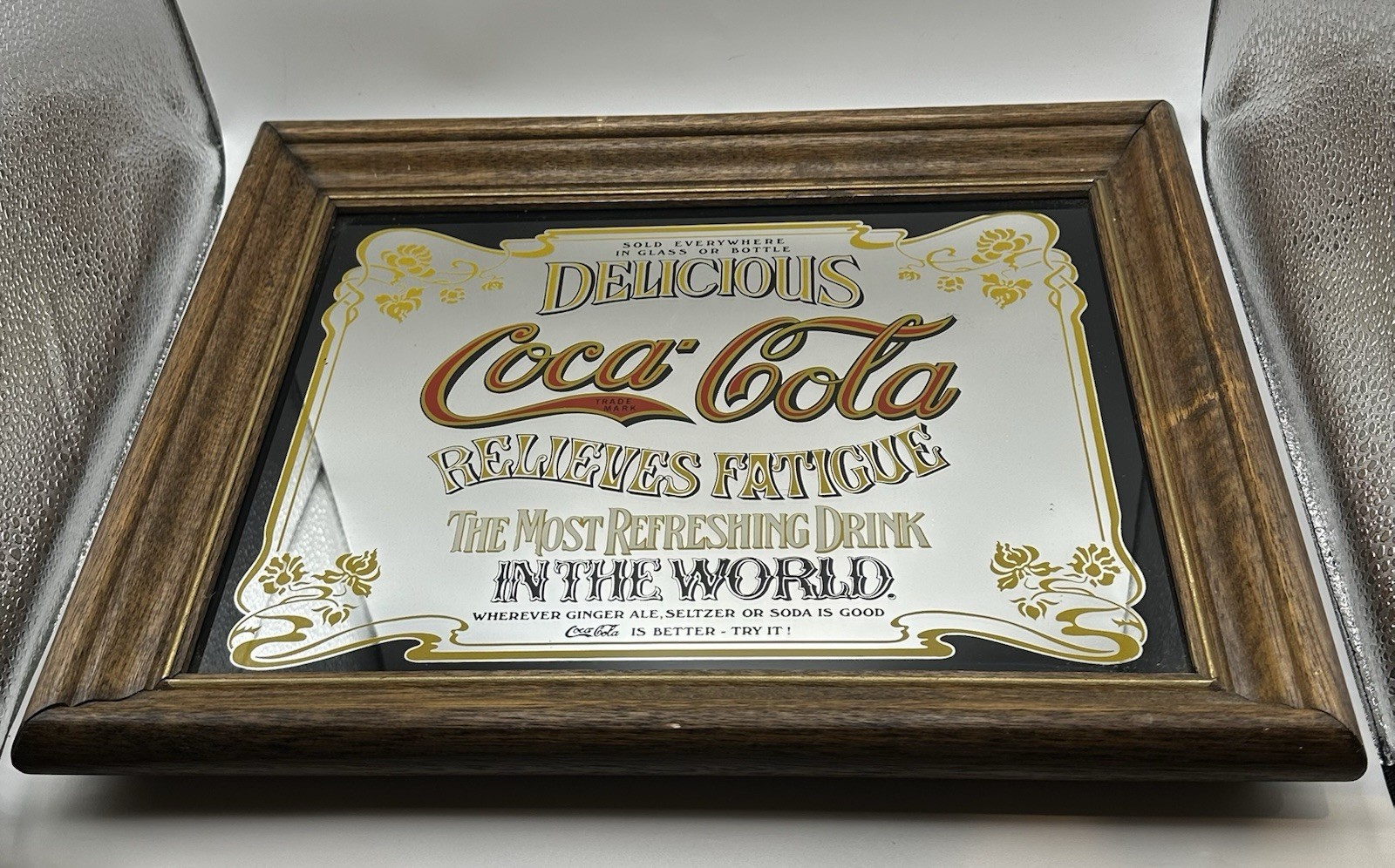 Vintage Delicious Coca Cola Wood Framed Mirror Sign Most Refreshing Drink
