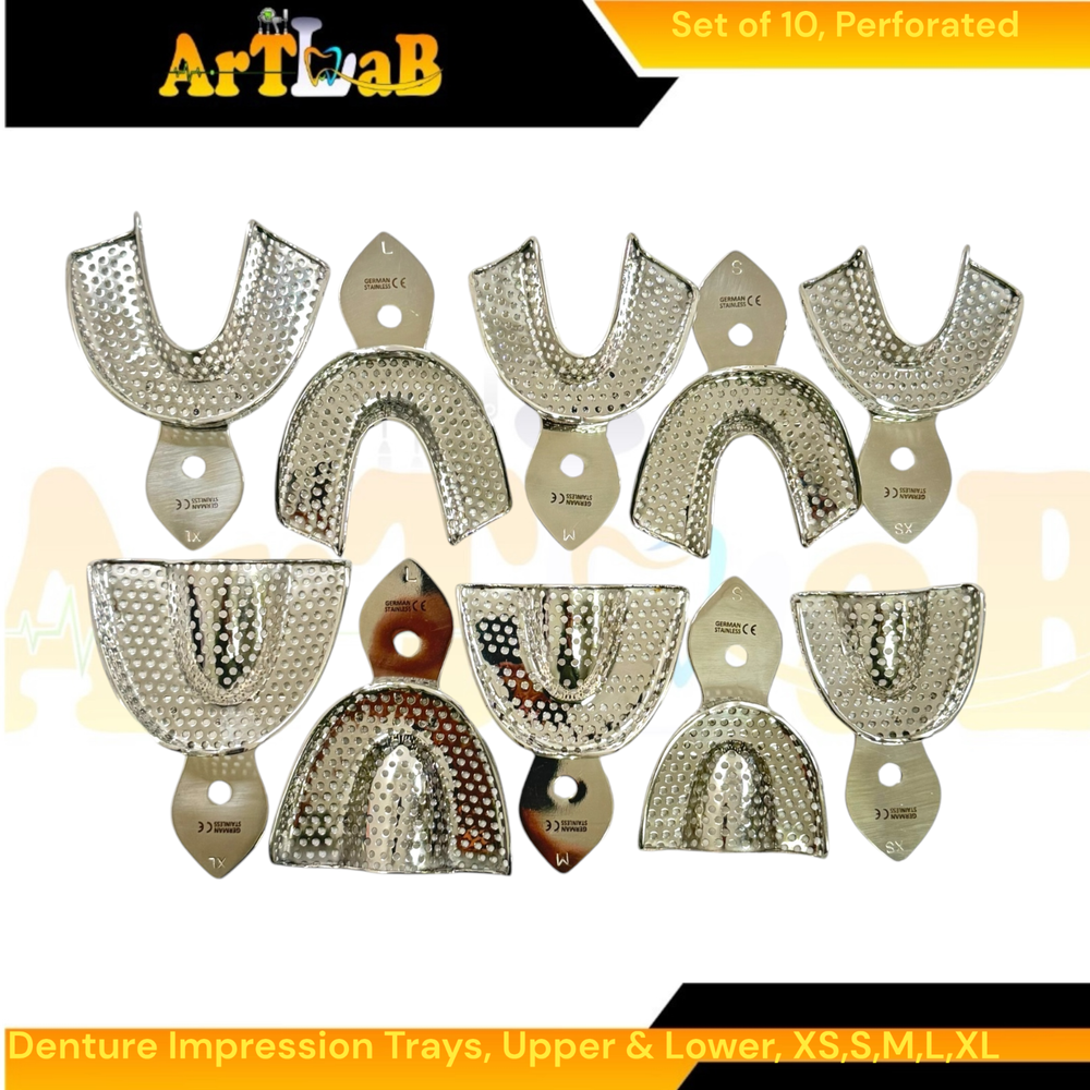 German Stainless Perforated Denture Impression Trays, Upper + Lower (10PK)