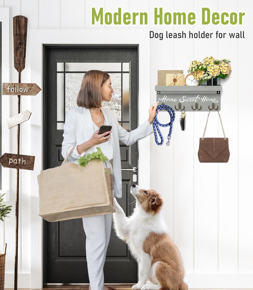 Key Holder Wall Mount with 4 Double Hooks-Solid Wood Wall-Mounted Organizer USA