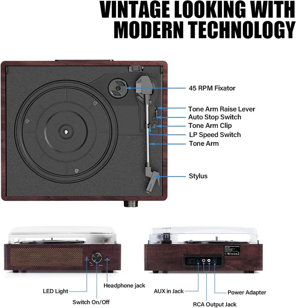 Vinyl Record Player Turntable with Built-in Bluetooth Receiver & 2 Stereo Speake