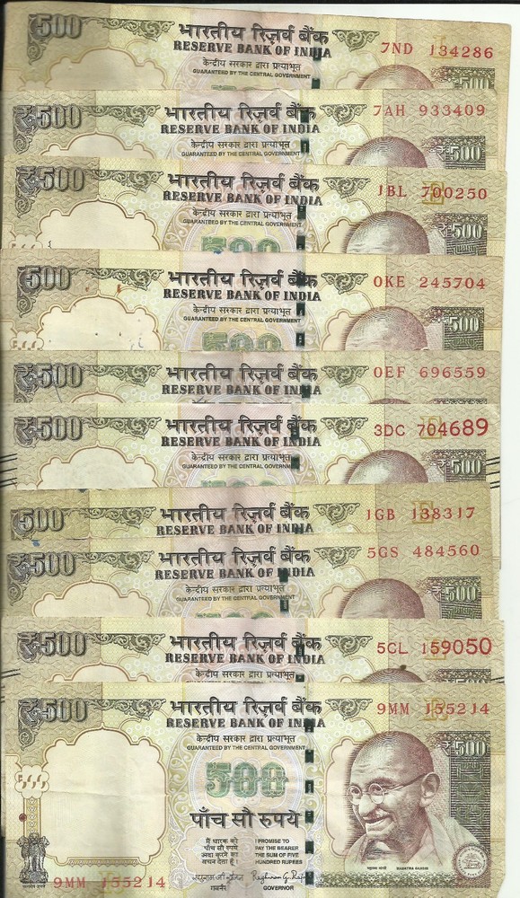 INDIA LOT 10x 500 RUPEES. DIFF DATES. VF CONDITION. 6RW 28JUN