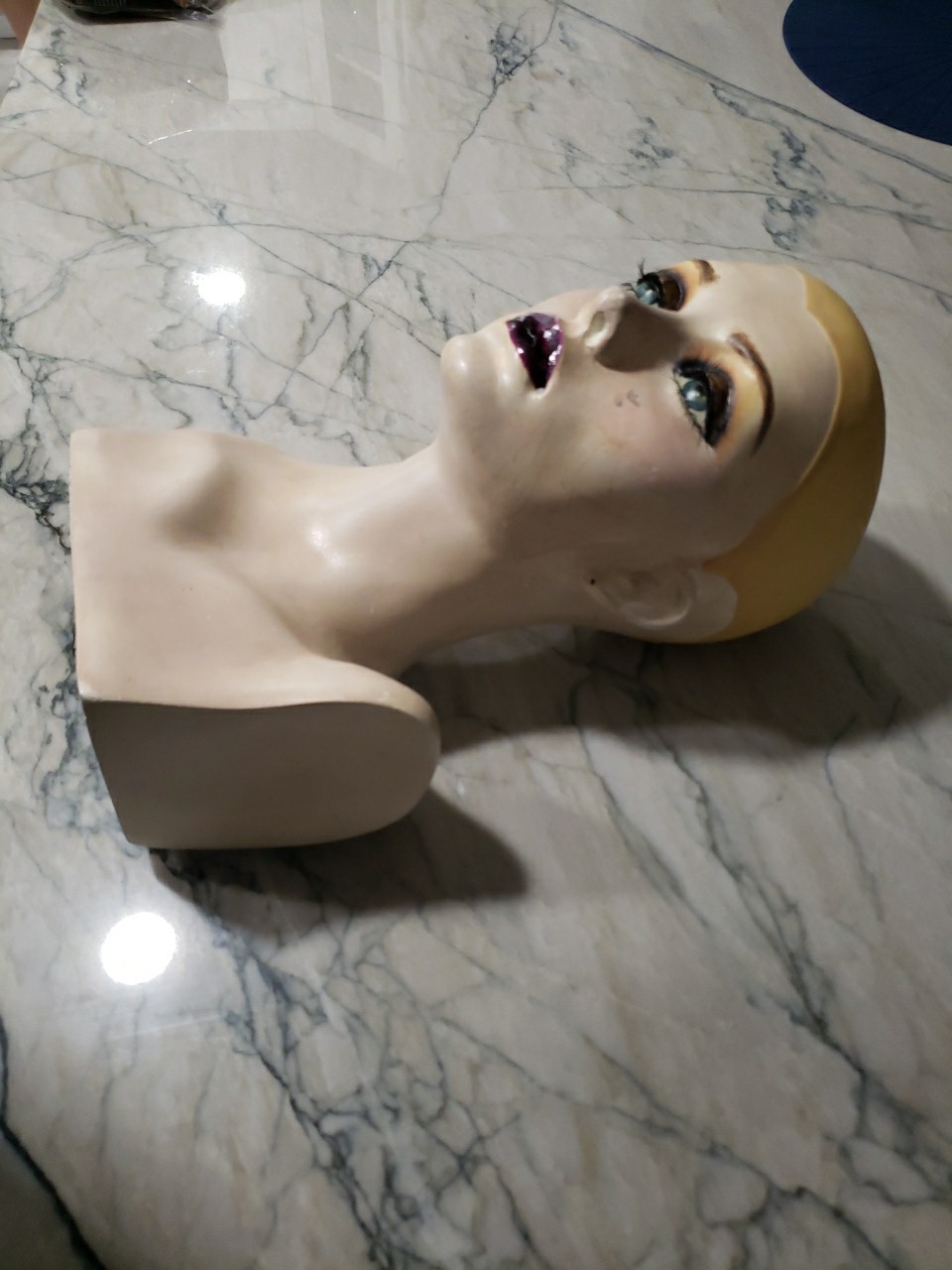 Vintage Plaster Mannequin Head Wig Painted Eyes Halloween Bust 14"H x 8"W