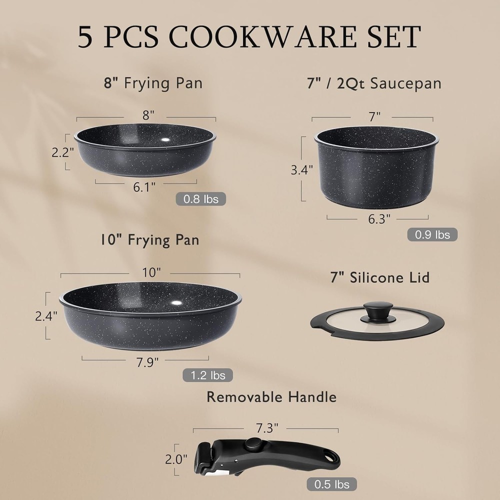 Space-Saving 5-Piece Induction Cookware Set - Non Toxic & Dishwasher Safe