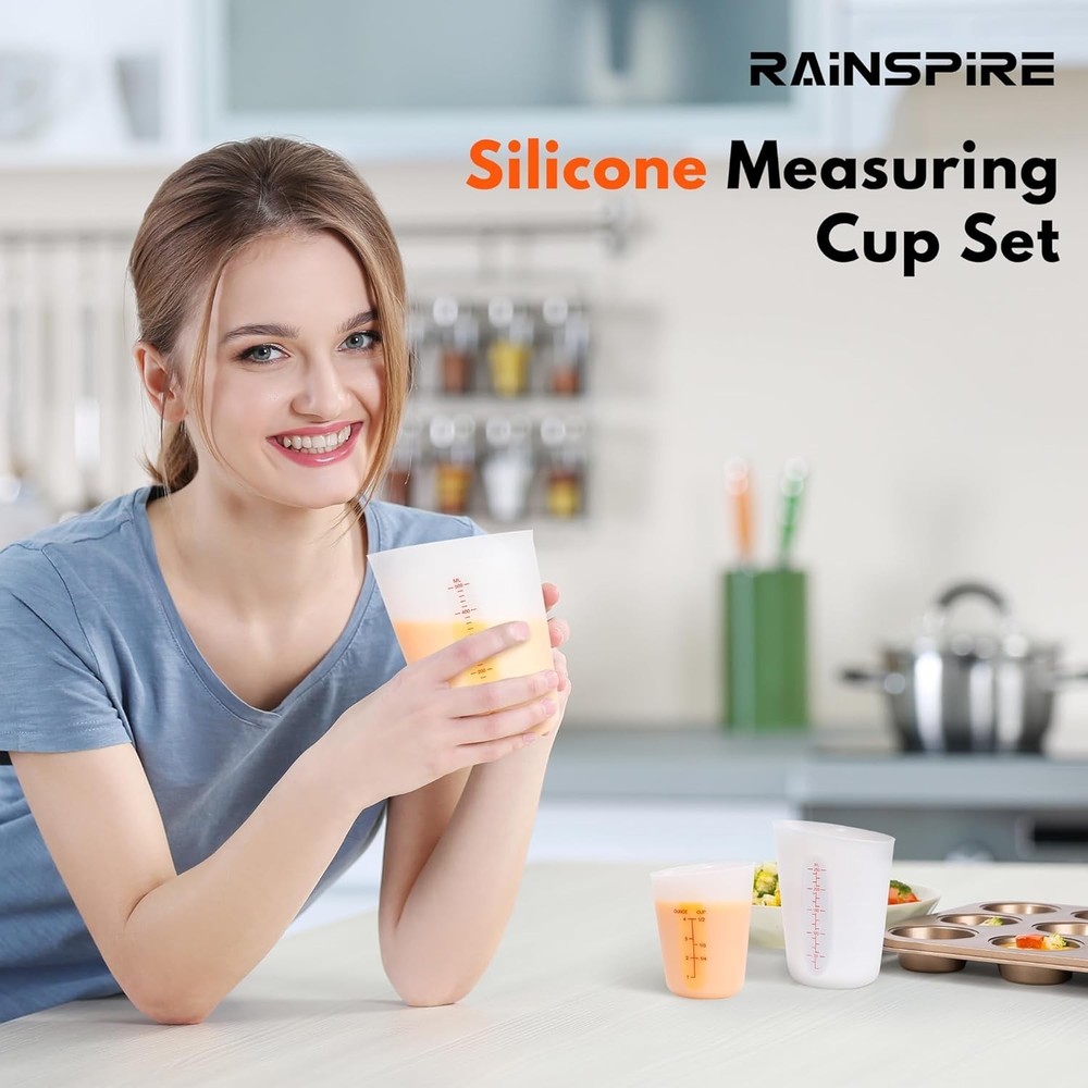 3 Piece Silicone Measuring Cup Sets Squeeze & Pour Liquid Measuring Cups