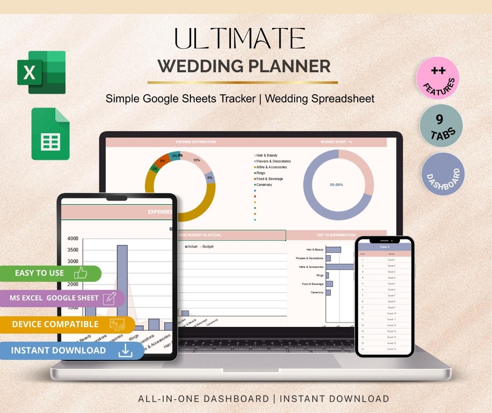 Digital Wedding Planner Spreadsheet Budget Tracker Guest List Checklist