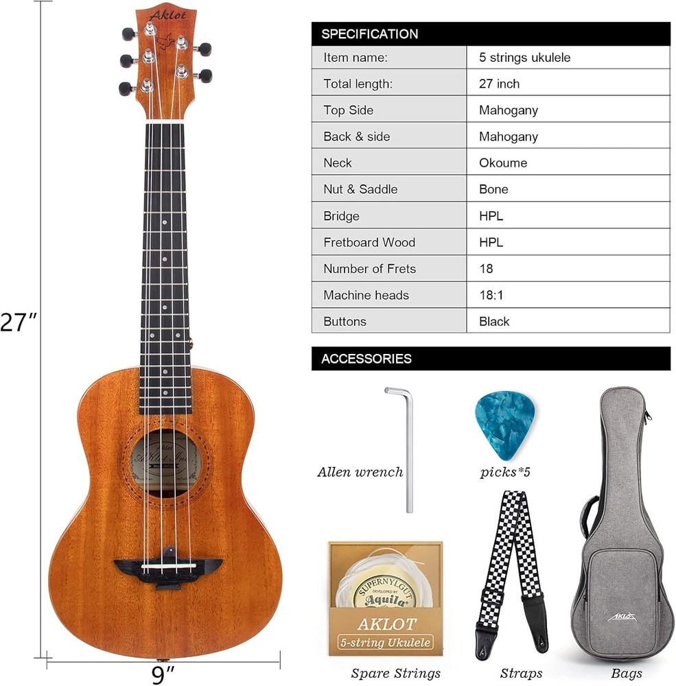 5 String Tenor Ukulele Solid Mahogany Gig Bag Bundle=