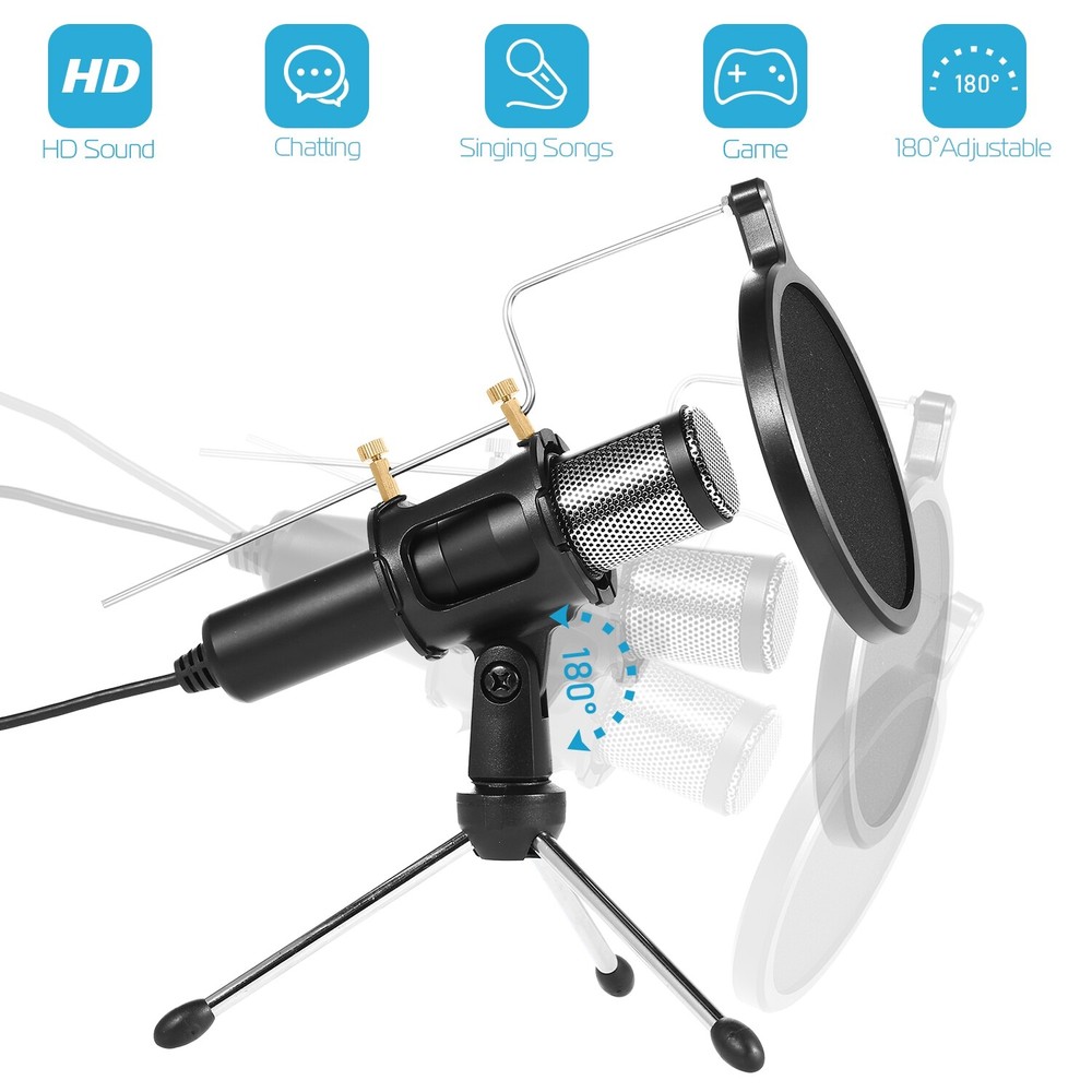 USB Condenser Microphone w/ 180° Tripod For Game Chat Audio Recording Computer