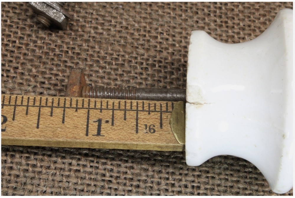 4 Old Knobs 2” Drawer Pulls Door White Porcelain 1800's Square Nuts Vintage CHIP